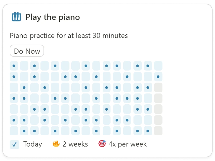 Play the piano habit card screenshot